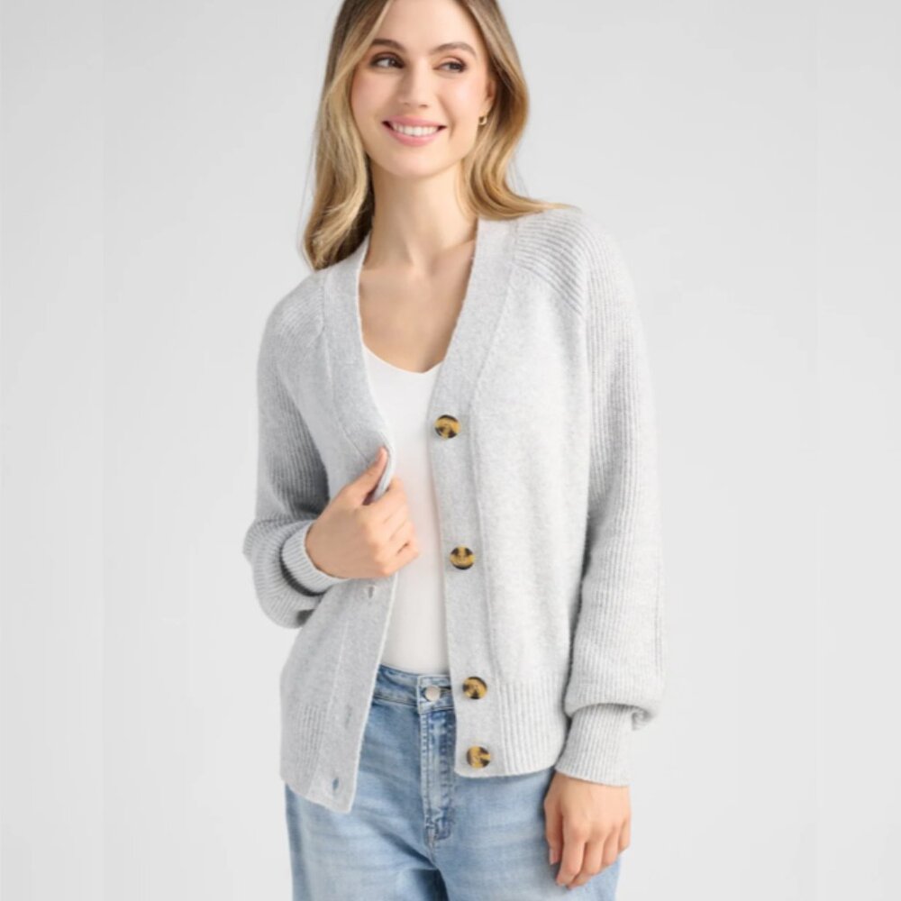 525 America Blouson Sleeve V-Neck Cardigan Sweater in Light Heather Grey, XL NWT